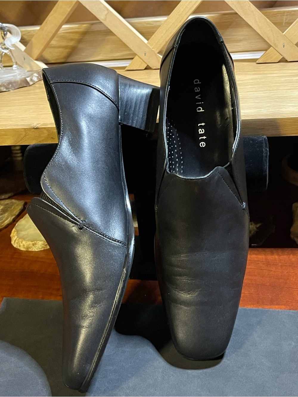 David Tate BlK Leather Uppers / Square -Toe Slip-On Loafers /High Vamp / Sz 9N